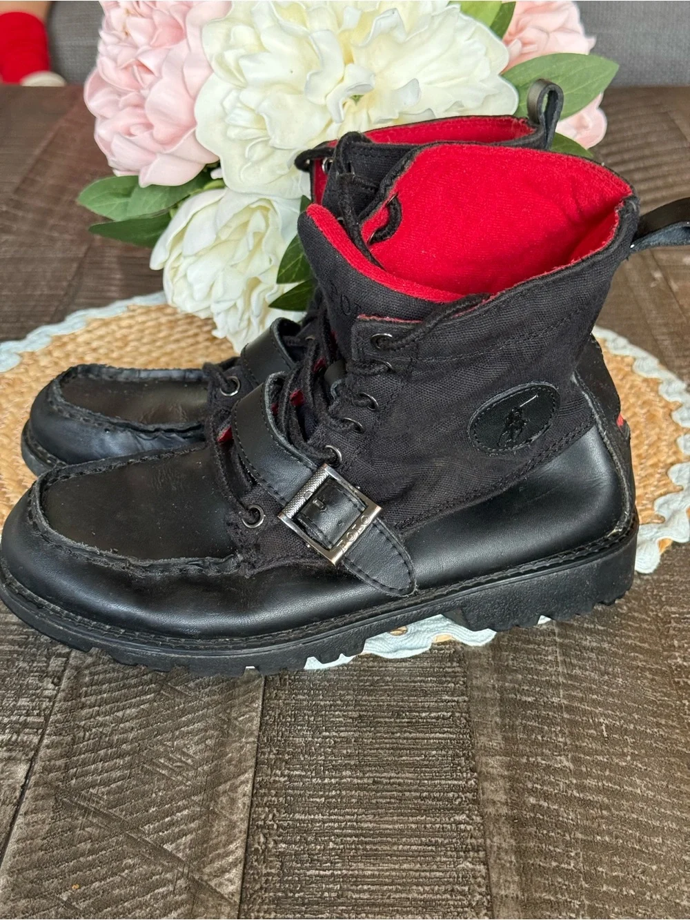Polo by Ralph Lauren Kids Black Leather & Canvas Boots with Red Lining
